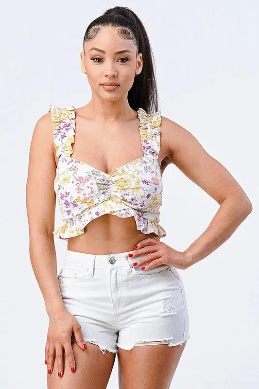 PT41722H-W / FLORAL RUFFLED ARMHOLE SHIRRING CROP CAMI TOP sold by privy
