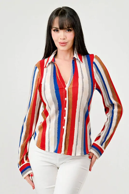 LUXE NYLON PLEATED STRIPE BUTTON DOWN SHIRT TOP sold by privy