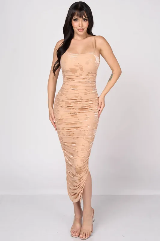 FLORAL BURNOUT FLOCKING MESH RUCHED MAXI DRESS sold by privy
