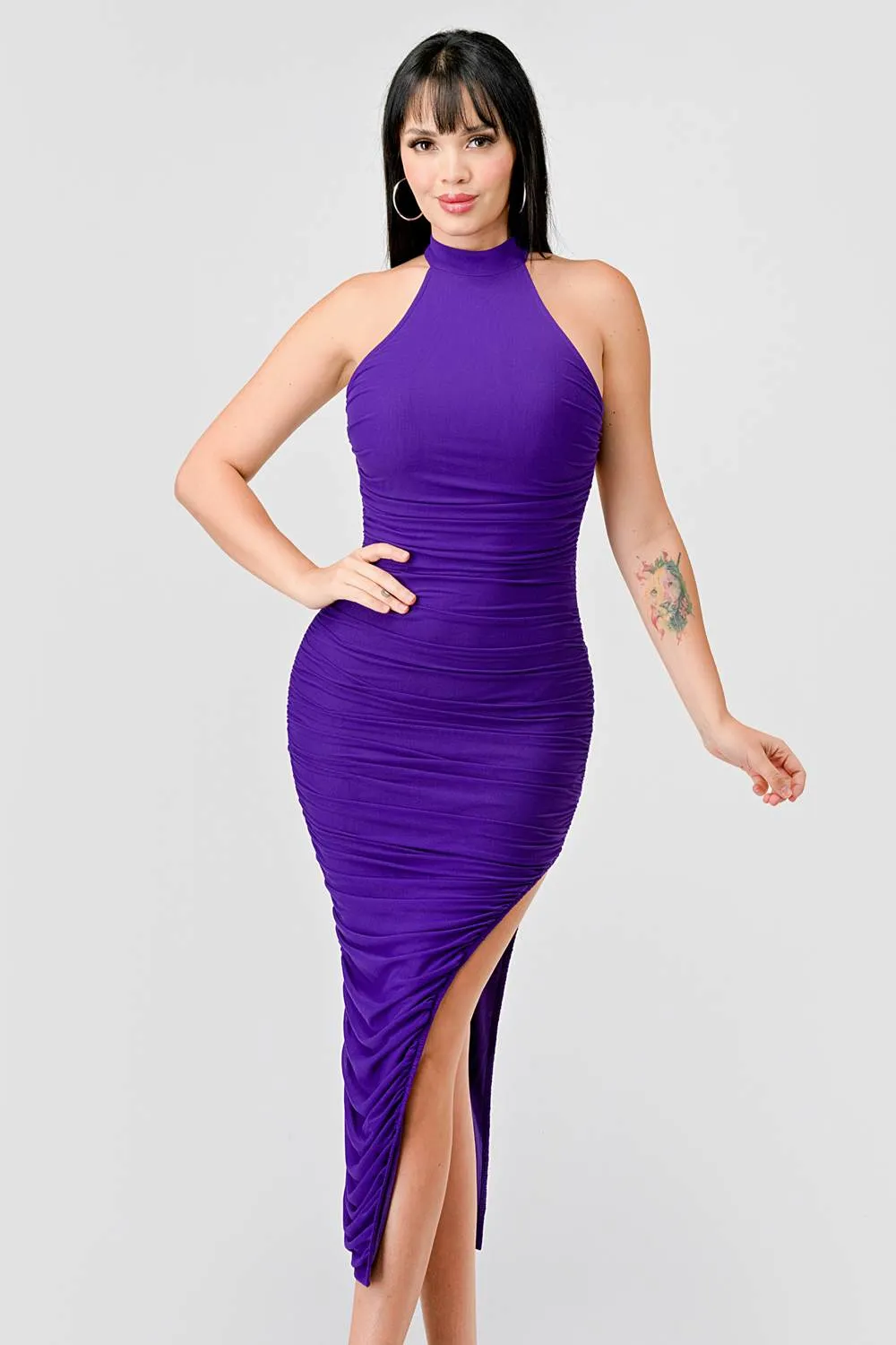 PD74967N / LUXE MESH LACE TRIM OPEN BACK BODYCON MIDI DRESS sold by privy