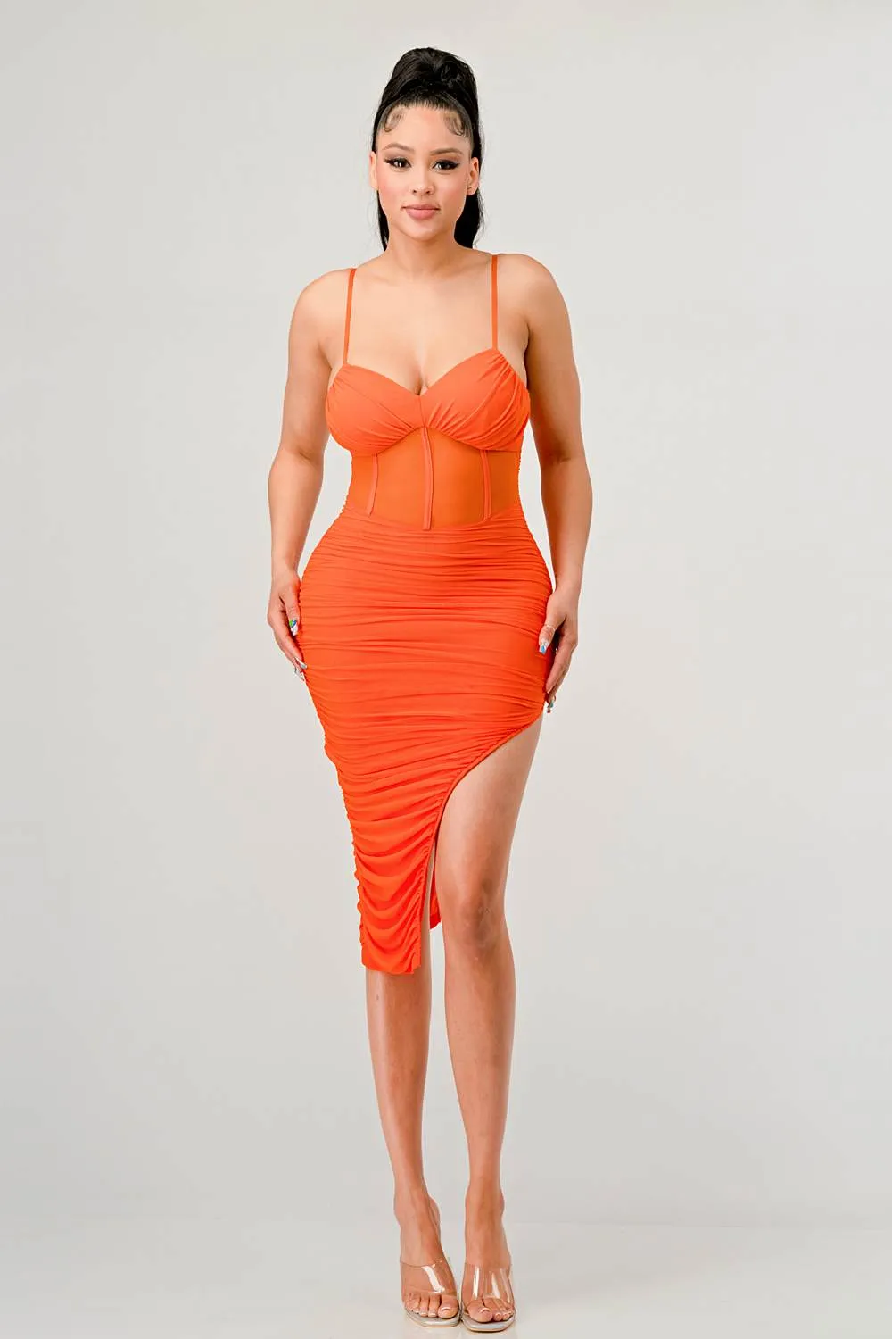 LUXE SWEETHEART MESH SEE-THRU RUCHED MIDI DRESS sold by privy product image thumbnail 4