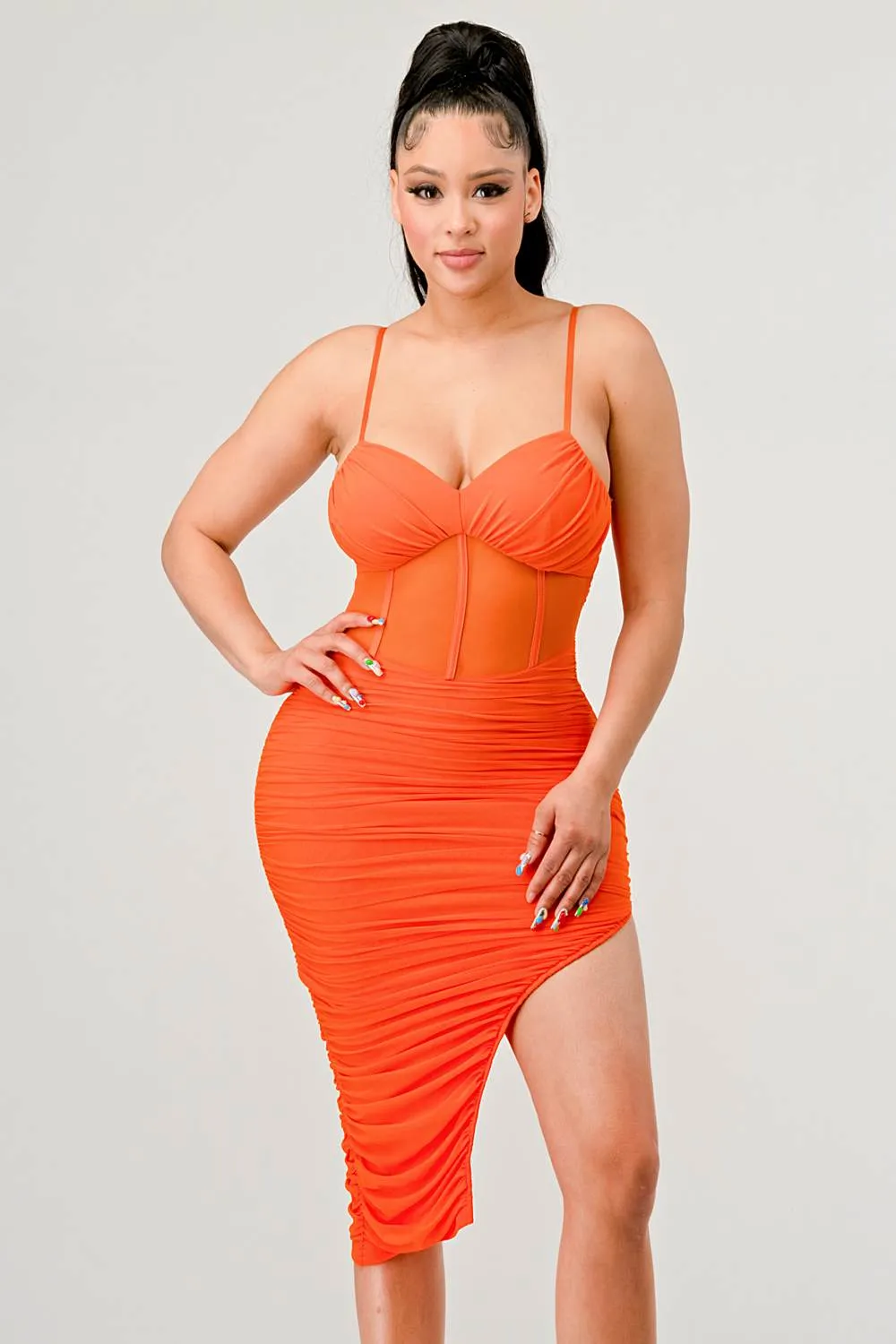 LUXE SWEETHEART MESH SEE-THRU RUCHED MIDI DRESS sold by privy