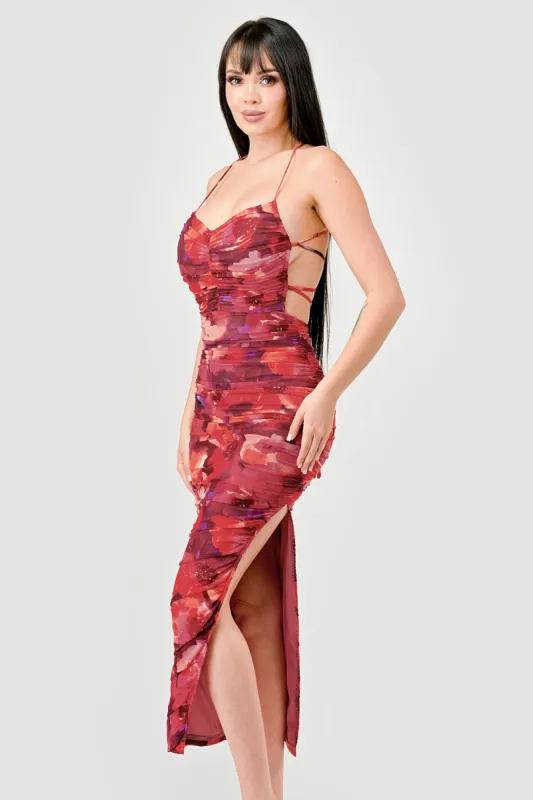 ABSTRACT PRINT MESH DRAWSTRING SLITTED MIDI DRESS sold by privy