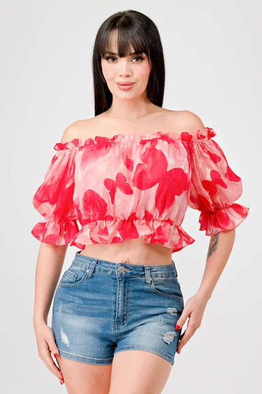 ROMANTIC CHIFFON PRINT OFF SHOULDER CROPPED TOP sold by privy