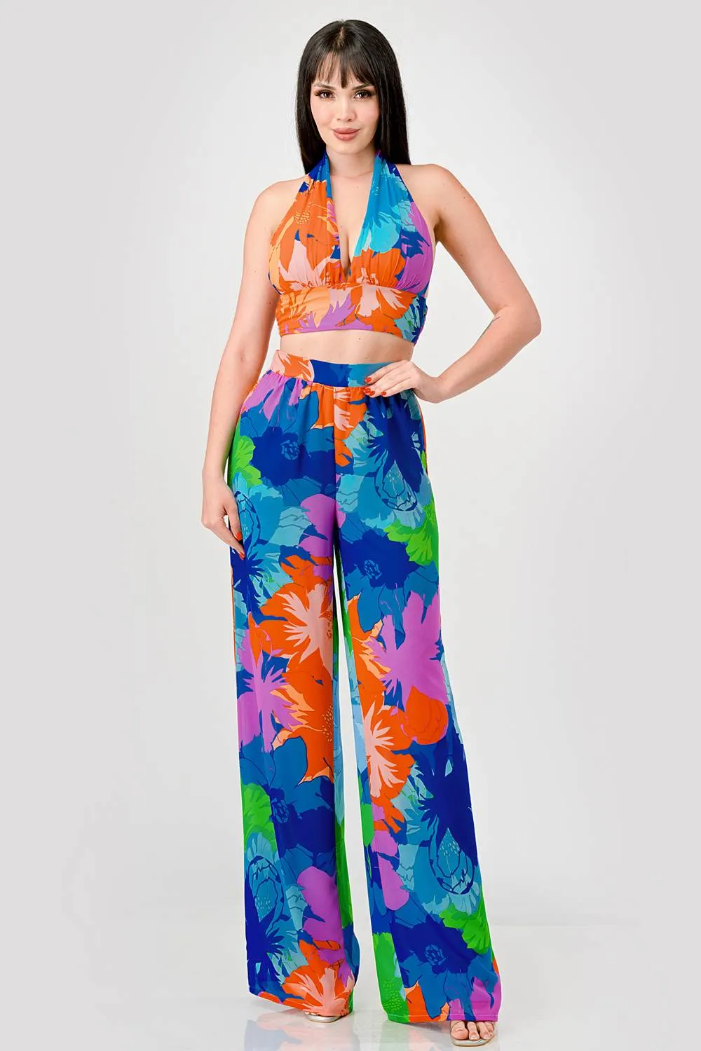 TROPICAL PRINT CHIFFON HALTERNECK TOP & PANTS SET sold by privy