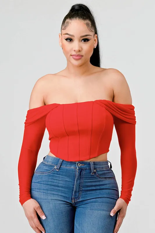 OFF THE SHOULDER CORSET LACE BACK LONG SLEEVE TOP sold by privy