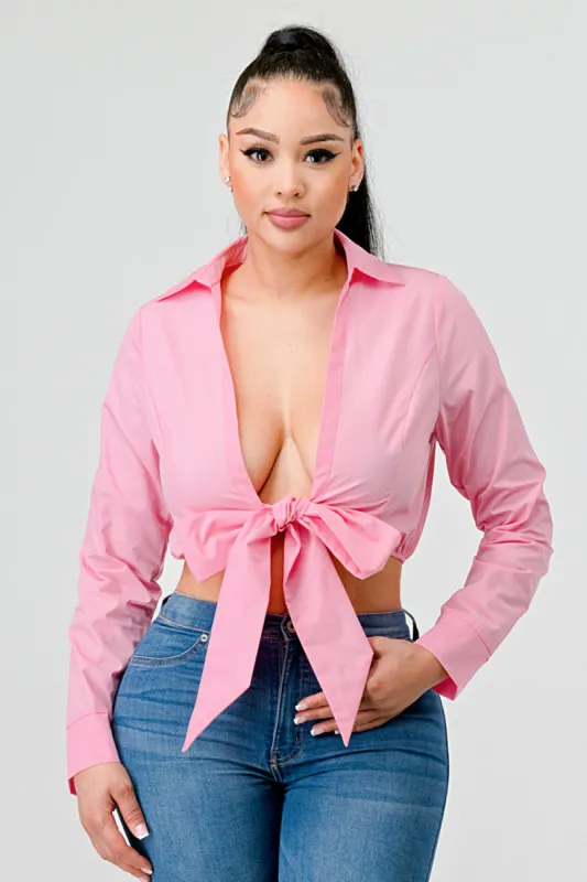 CHIC POPLIN COLLARED OPEN FRONT TIE TOP sold by privy