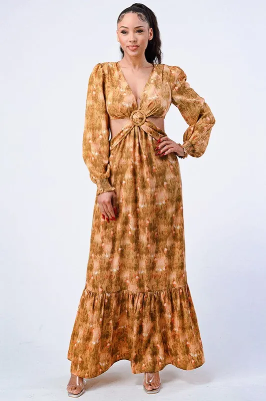 PD71933S-W / PRINTED V NECK SELF BELTED SIDE CUTS RUFFLED MAXI DRESS sold by privy
