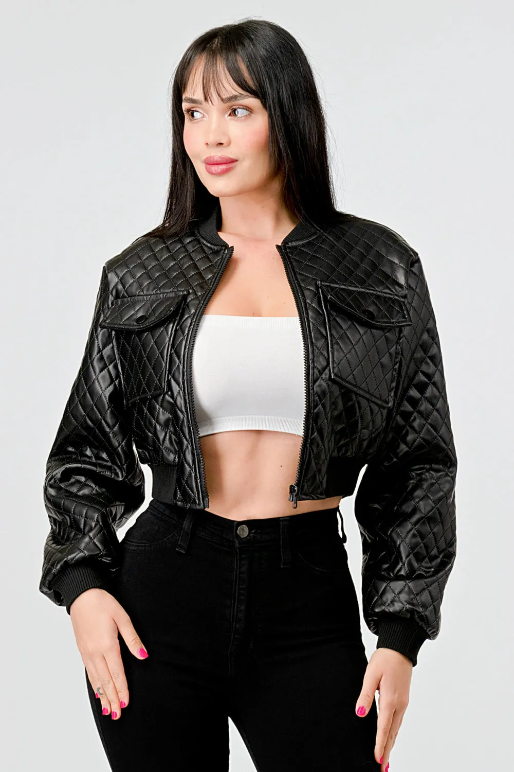 SEXY QUILTED PLEATER CROPPED BOMBER JACKET sold by privy