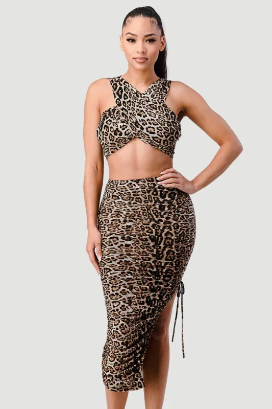 SEXY LEOPARD PRINT CROSSOVER TOP & MIDI SKIRT SET sold by privy