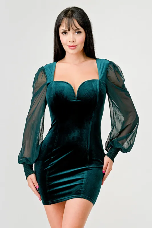 LUXE STRETCH VELVET SWEETHEART SHEER MINI DRESS sold by privy
