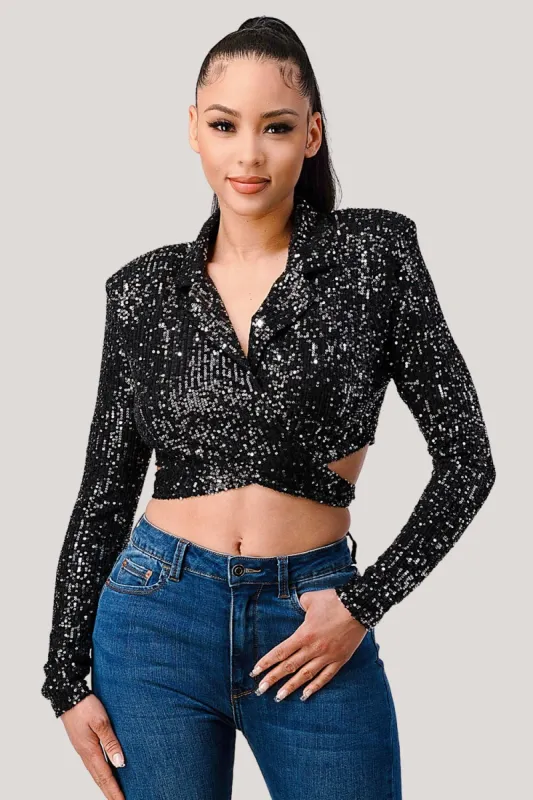 SEQUINS OVERLAP LONG SLEEVE SHIRTS CROPPED JACKET sold by privy