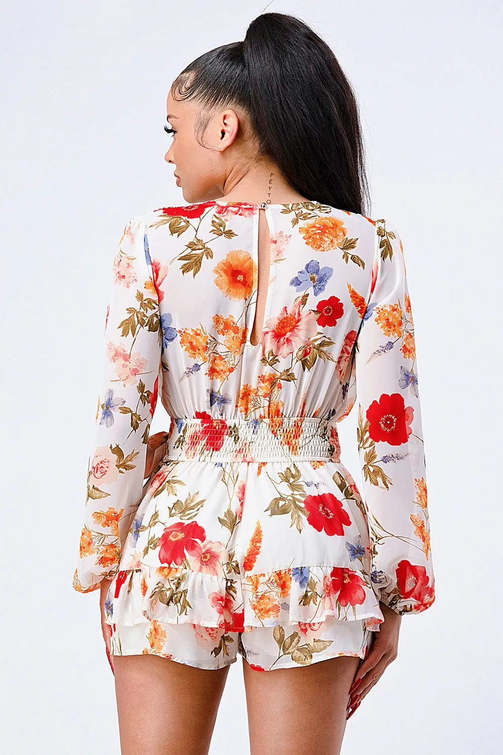 FLORAL CHIFFON V-NECK RUFFLED ROMPER sold by privy product image thumbnail 3