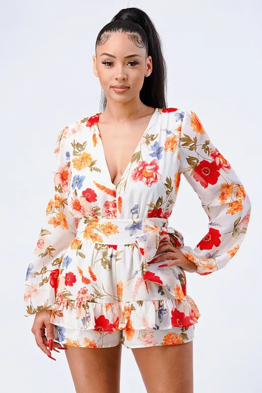 FLORAL CHIFFON V-NECK RUFFLED ROMPER sold by privy
