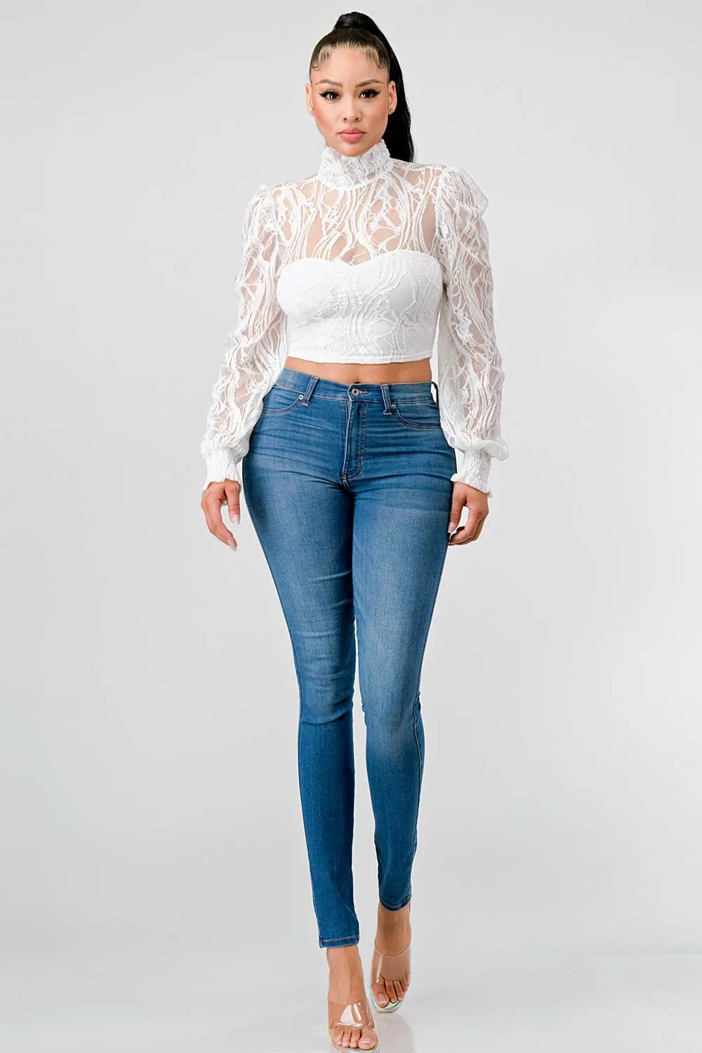 LUXE MOCK NECK SEE-THRU LACE CROP BLOUSE TOP sold by privy product image thumbnail 4