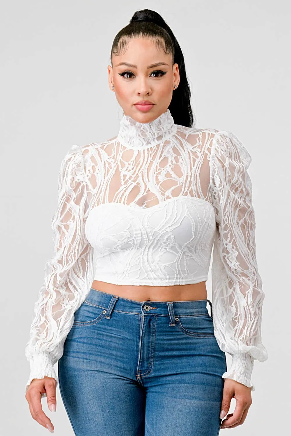 LUXE MOCK NECK SEE-THRU LACE CROP BLOUSE TOP sold by privy