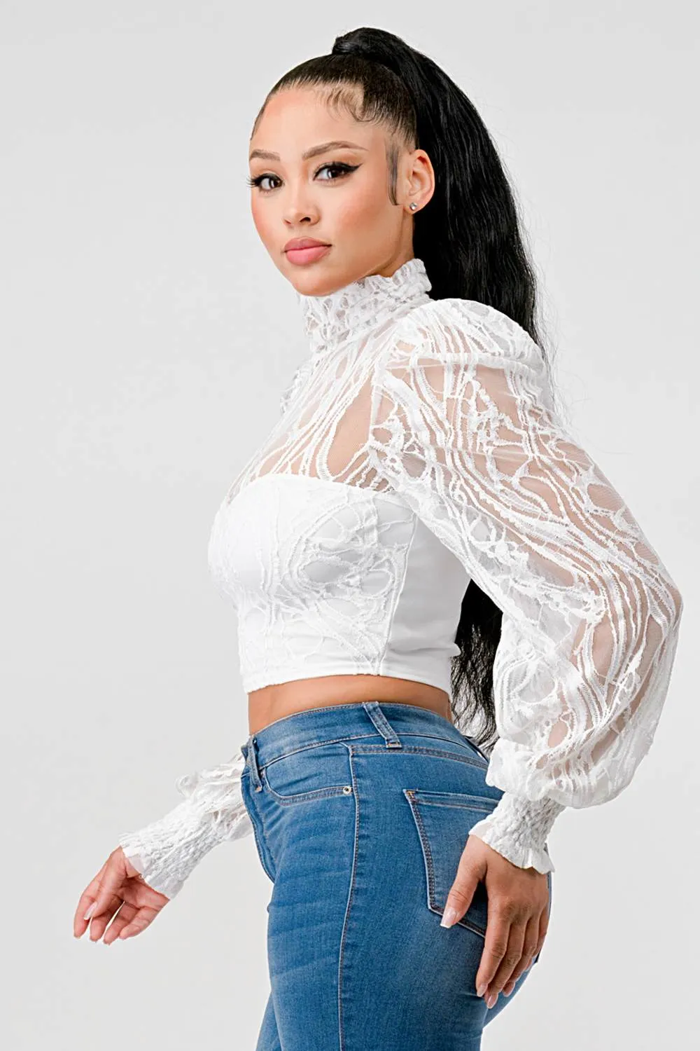 LUXE MOCK NECK SEE-THRU LACE CROP BLOUSE TOP sold by privy product image thumbnail 2