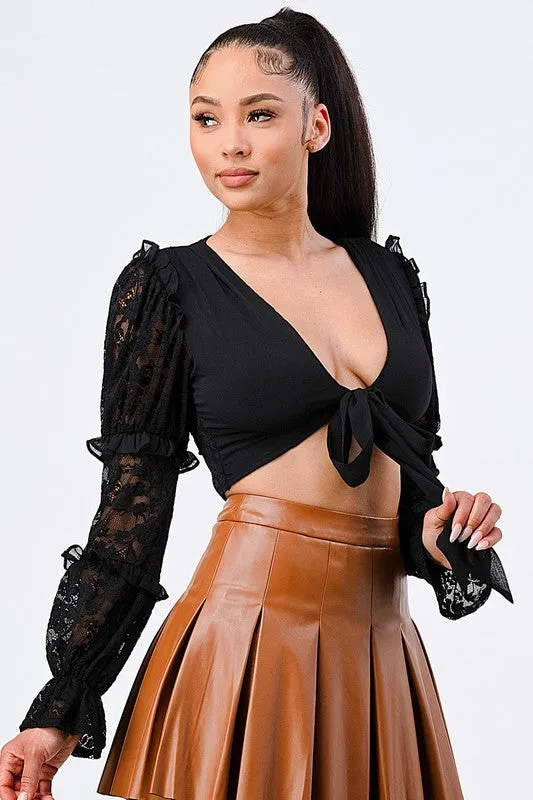 LUX LACE BUBBLE BELL SLEEVES V NECK RIBBON TOP sold by privy product image thumbnail 2