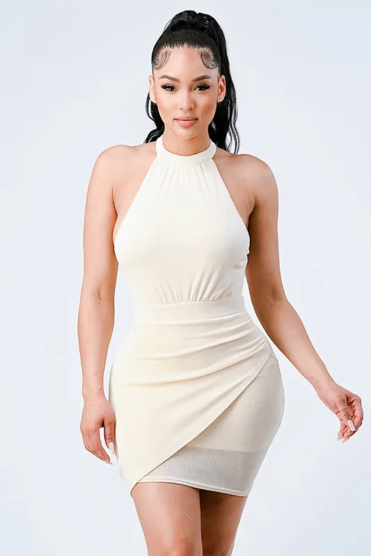 PD76076K-W / LUX HALTER MOCK NECK BACKLESS BODYCON DRESS sold by privy