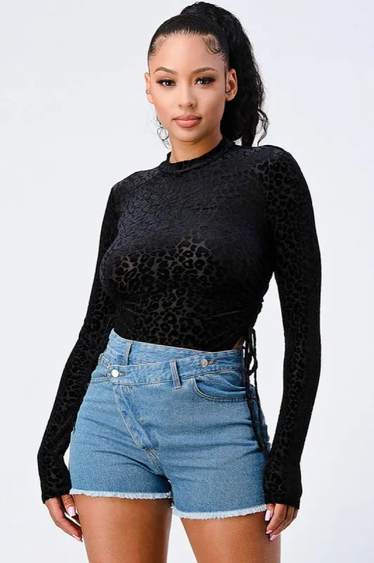 LEOPARD PRINT FLOCKING LONG SLEEVE BODYSUIT sold by privy