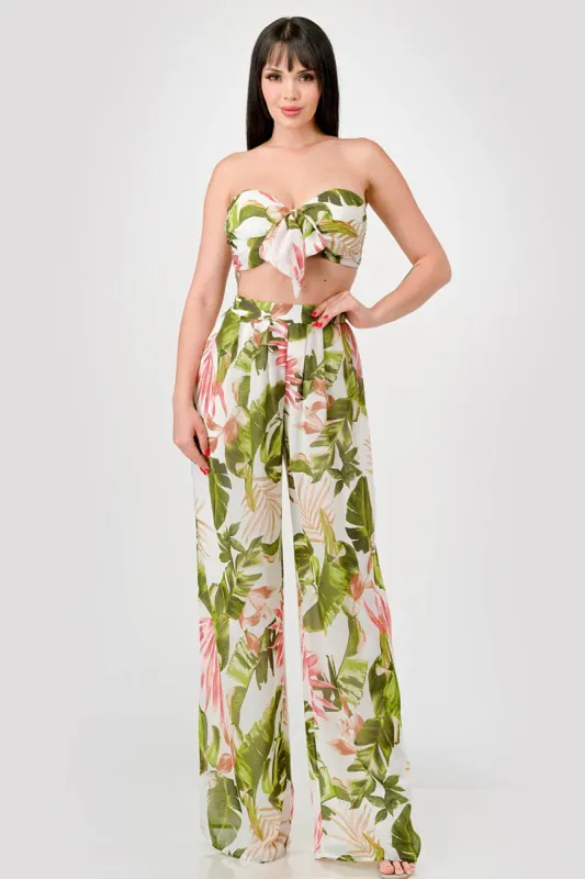 TROPICAL FLORAL CREPE CHIFFON TUBE TOP & PANTS SET sold by privy