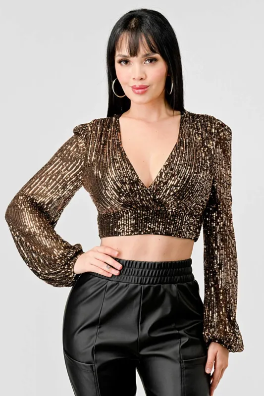 LUXE SEQUINS V-NECK LONG SLEEVES CROPPED TOP sold by privy