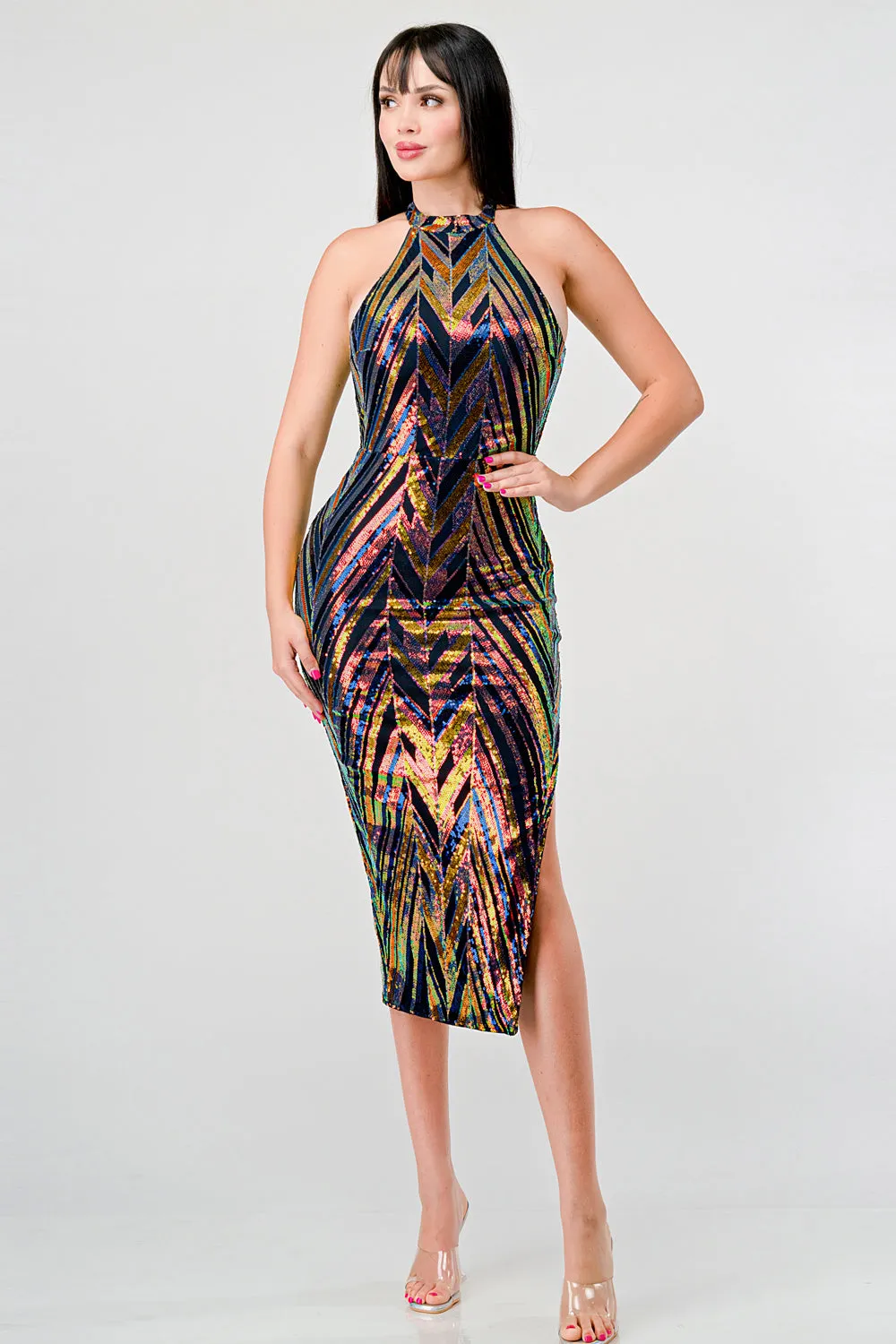 SEQUINS HALTER NECK OPEN BACK SLITTED MIDI DRESS sold by privy product image thumbnail 4