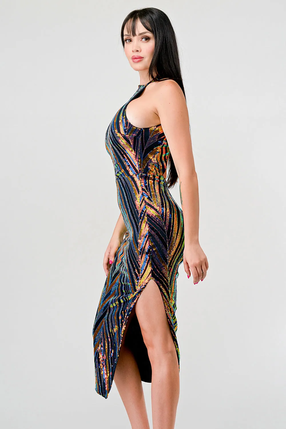 SEQUINS HALTER NECK OPEN BACK SLITTED MIDI DRESS sold by privy product image thumbnail 2