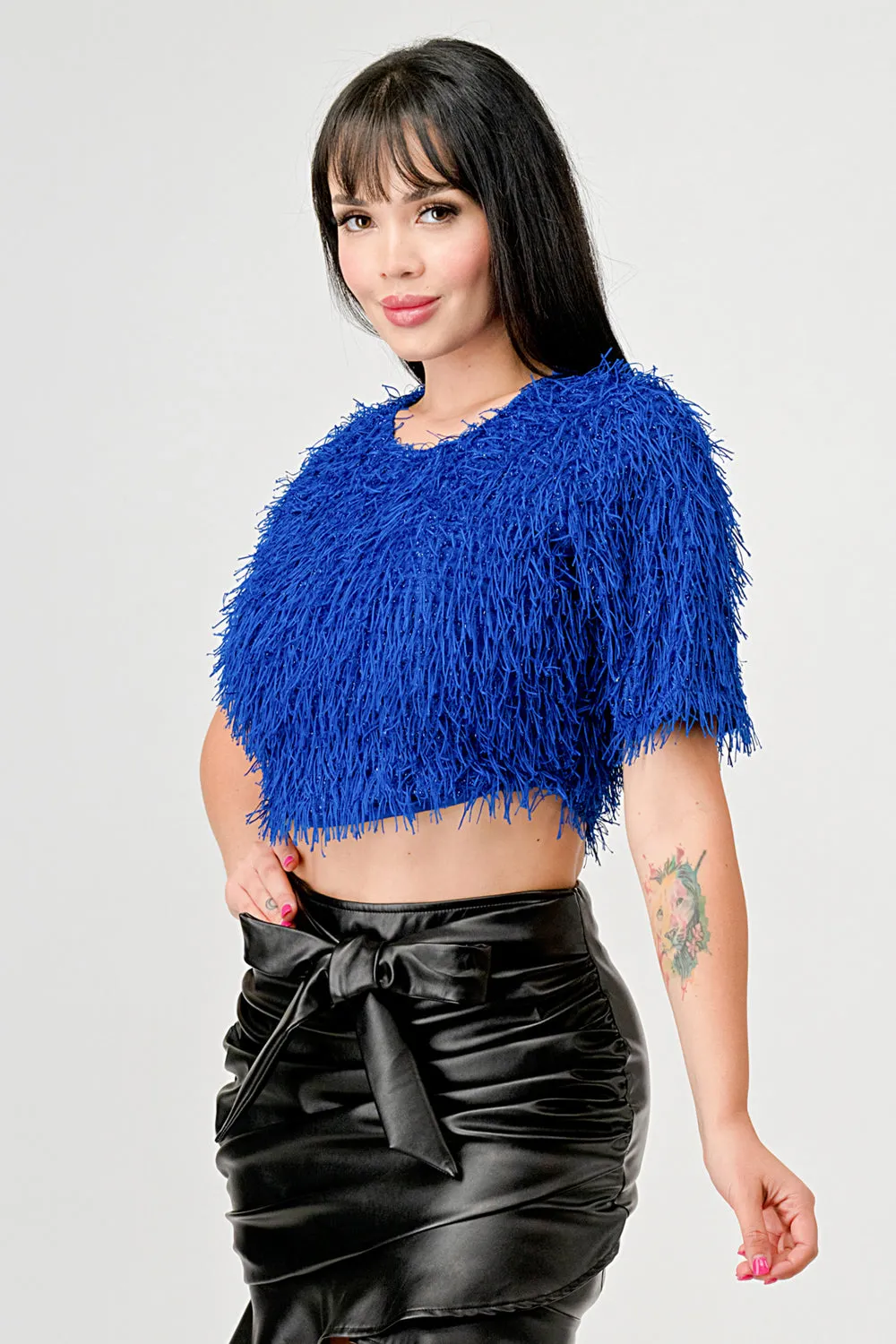 FUZZY FRINGE METALLIC KNIT SHORT SLEEVES CROP TOP sold by privy product image thumbnail 2