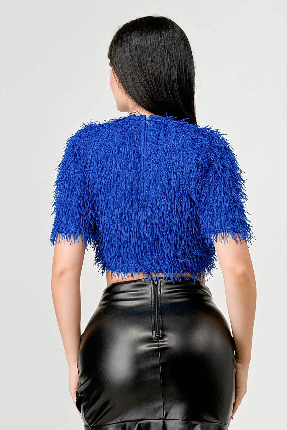 FUZZY FRINGE METALLIC KNIT SHORT SLEEVES CROP TOP sold by privy product image thumbnail 3
