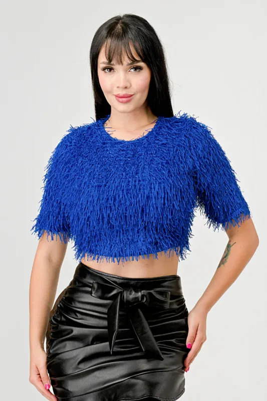 FUZZY FRINGE METALLIC KNIT SHORT SLEEVES CROP TOP sold by privy