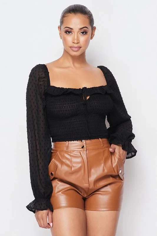 Ruffled Bell Sleeve Smocked Top with Ribbon Detail sold by privy