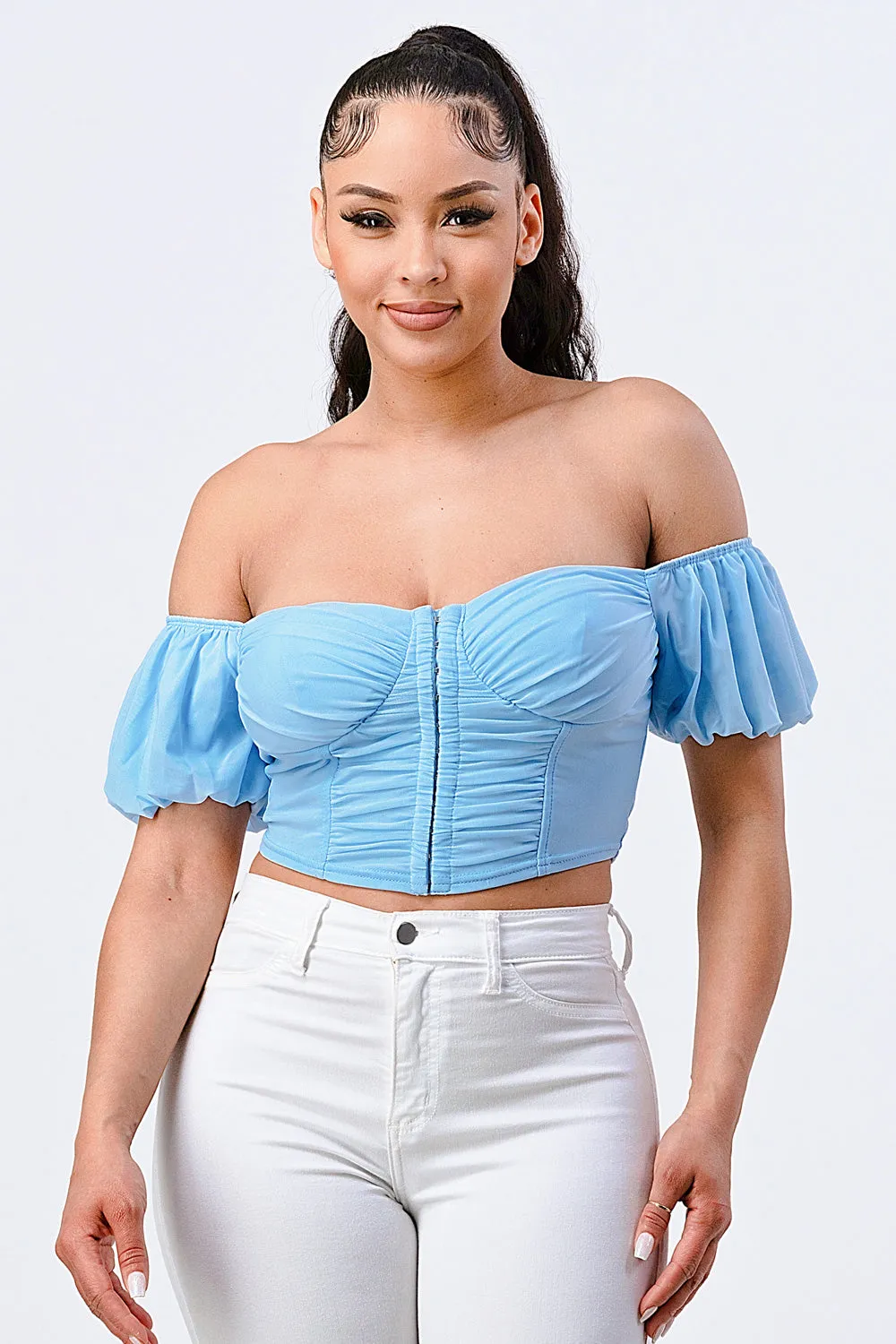 PT40835N-W / FRILLED OFF SHOULDER CORSET CROPPED TOP sold by privy