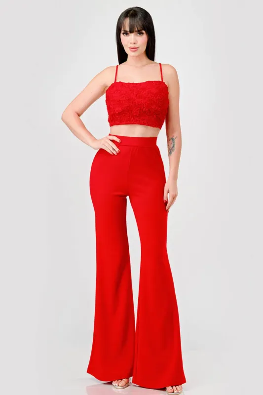 CHIC ROSETTES CROPPED TOP & WIDE LEGS PANTS SET sold by privy