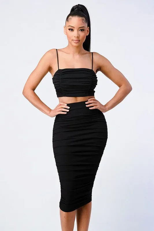 CHIC RUCHED CAMI CROPPED TOP AND MIDI SKIRT SET sold by privy