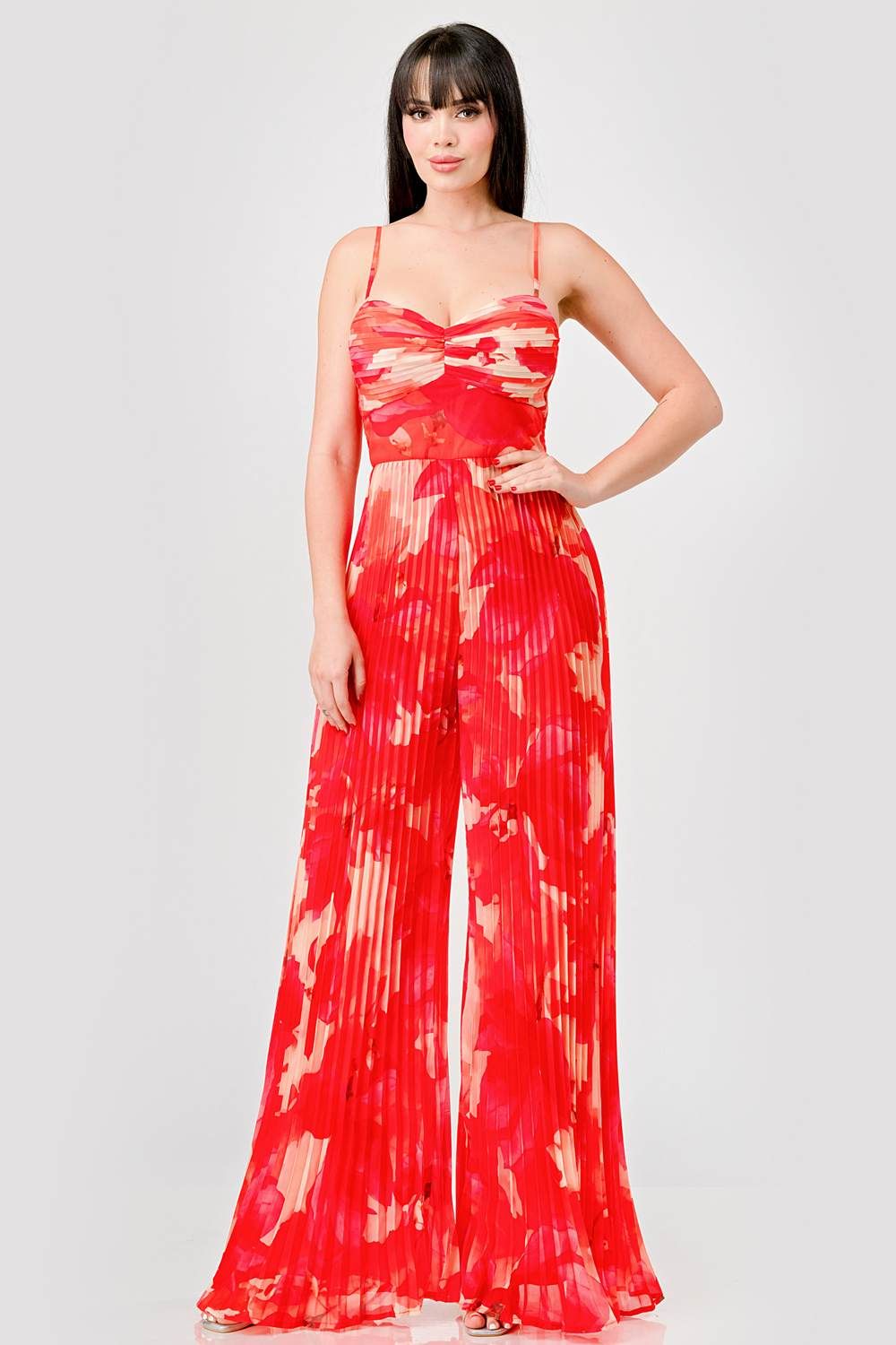 PJ11047S-W / ABSTRACT PLEATED CHIFFON PRINT WIDE LEGS JUMPSUIT sold by privy product image thumbnail 4