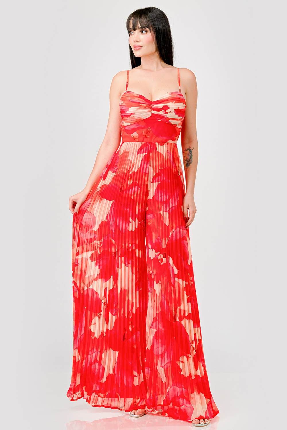 PJ11047S-W / ABSTRACT PLEATED CHIFFON PRINT WIDE LEGS JUMPSUIT sold by privy