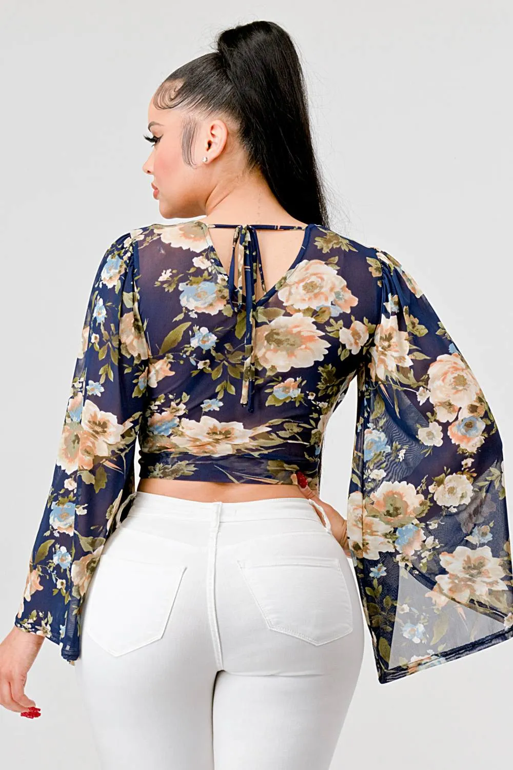 FLORAL MESH V-NECK KIMONO LONG SLEEVES CROPPED TOP sold by privy product image thumbnail 3