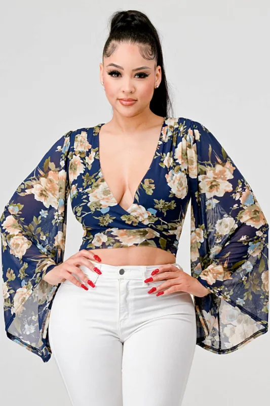 FLORAL MESH V-NECK KIMONO LONG SLEEVES CROPPED TOP sold by privy