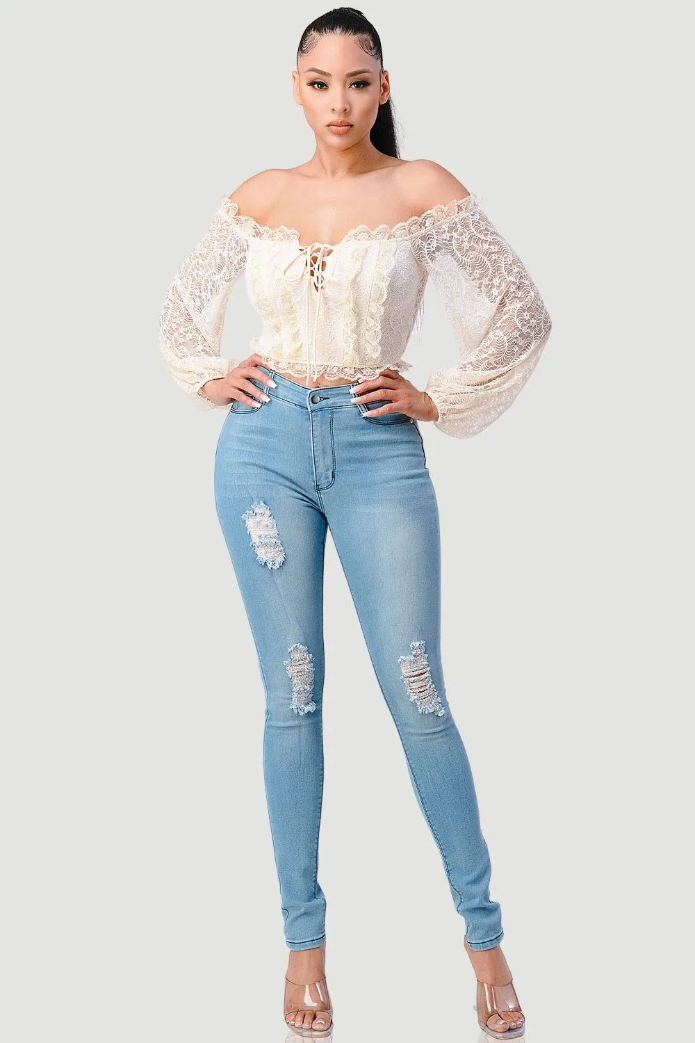 PT40732N-W / LUXE SEE-THROUGH OFF SHOULDER LACE-UP CROPPED TOP sold by privy product image thumbnail 5