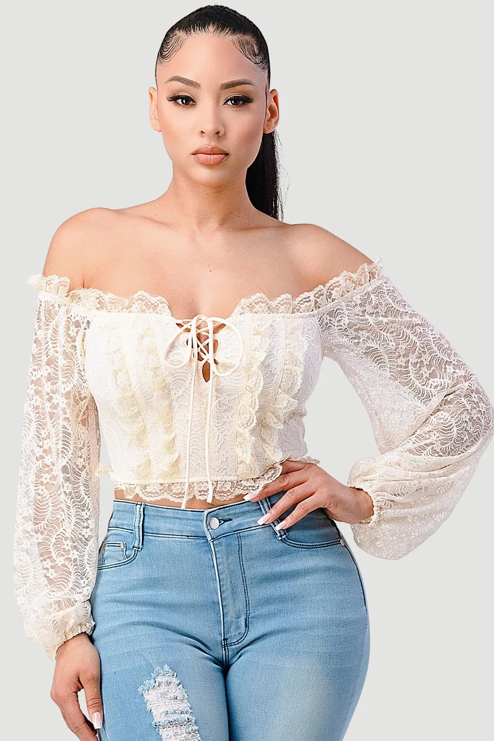 PT40732N-W / LUXE SEE-THROUGH OFF SHOULDER LACE-UP CROPPED TOP sold by privy product image thumbnail 2