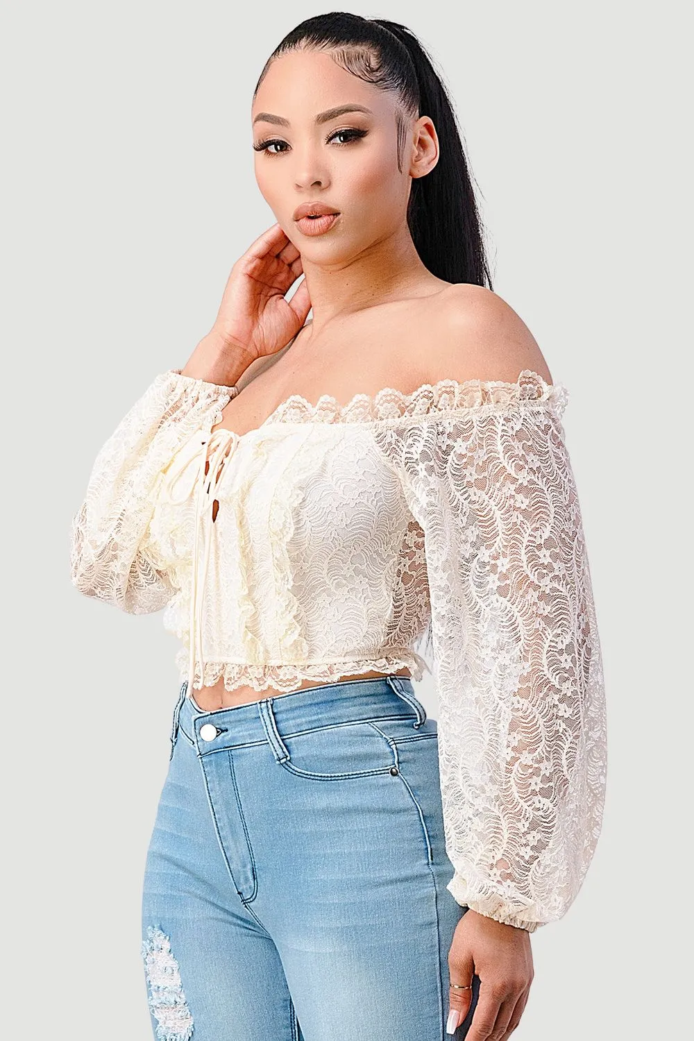 PT40732N-W / LUXE SEE-THROUGH OFF SHOULDER LACE-UP CROPPED TOP sold by privy product image thumbnail 3