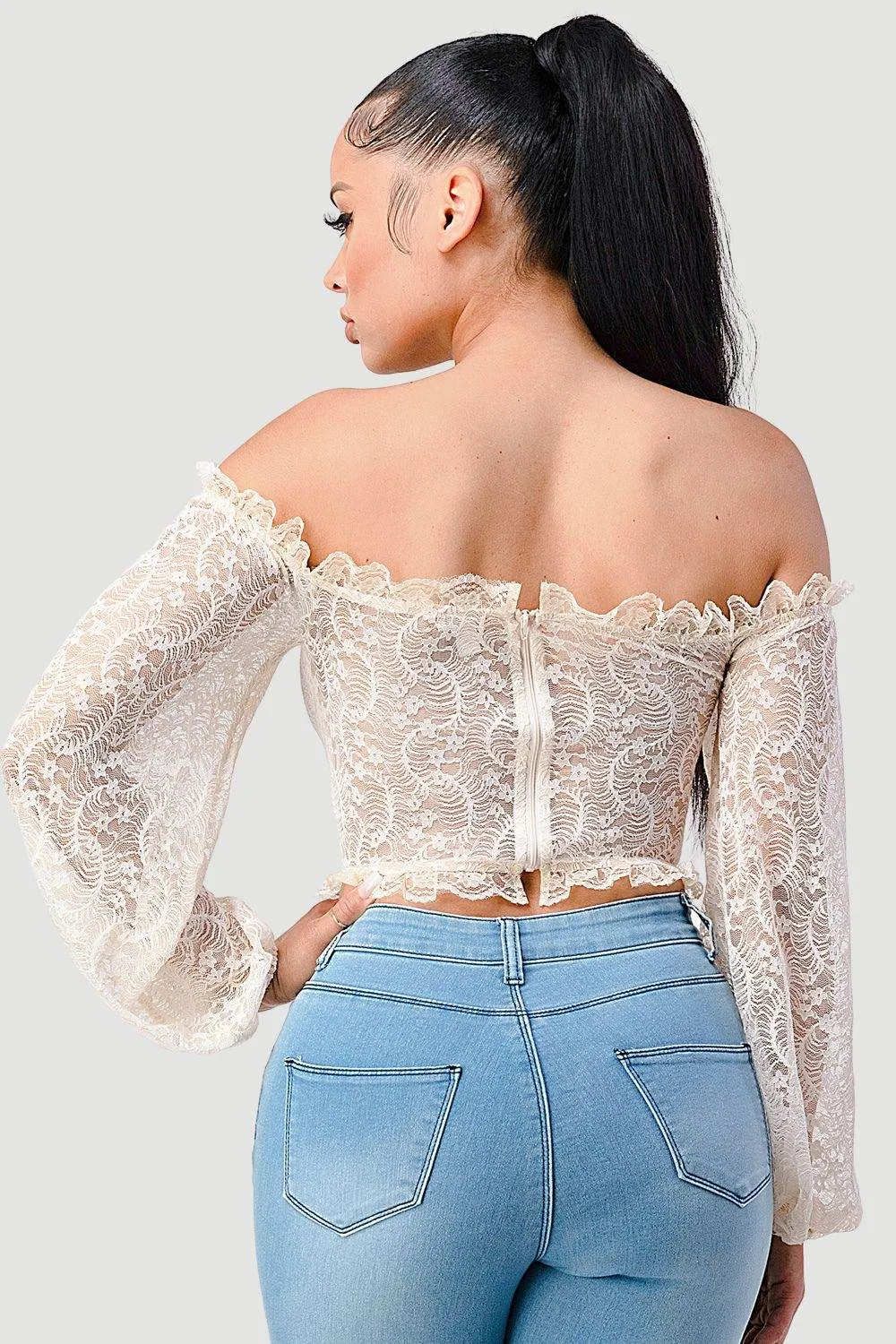 PT40732N-W / LUXE SEE-THROUGH OFF SHOULDER LACE-UP CROPPED TOP sold by privy product image thumbnail 4