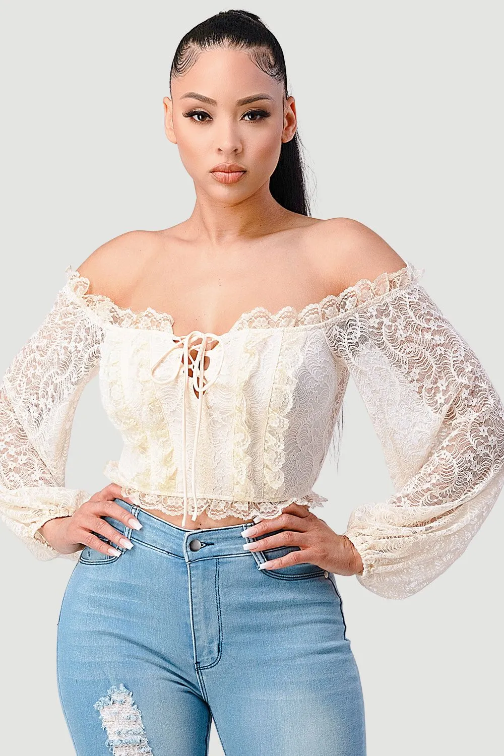 PT40732N-W / LUXE SEE-THROUGH OFF SHOULDER LACE-UP CROPPED TOP sold by privy