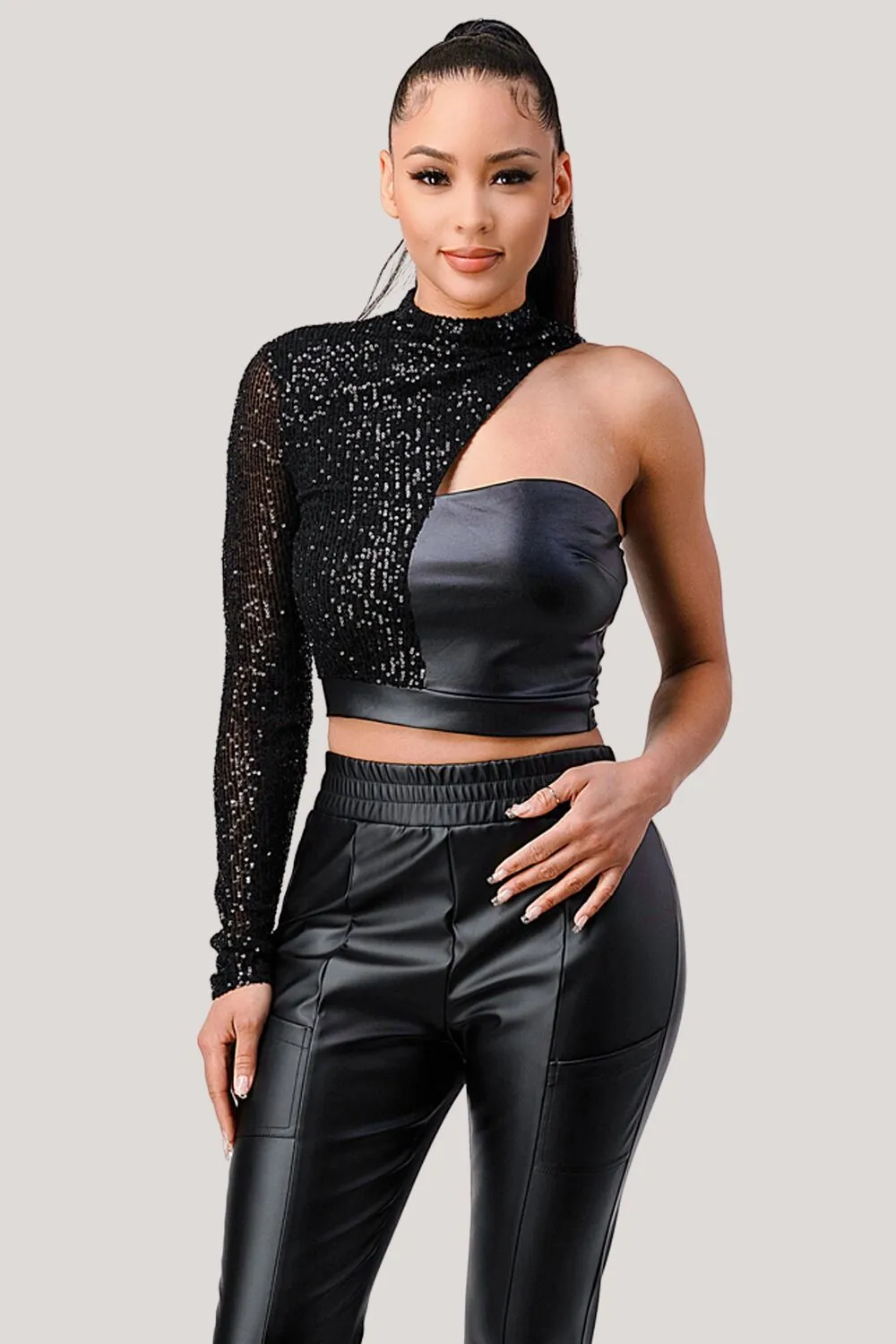 CHIC SEQUINS SLEEVE ONE SHOULDER PU CROP TOP sold by privy