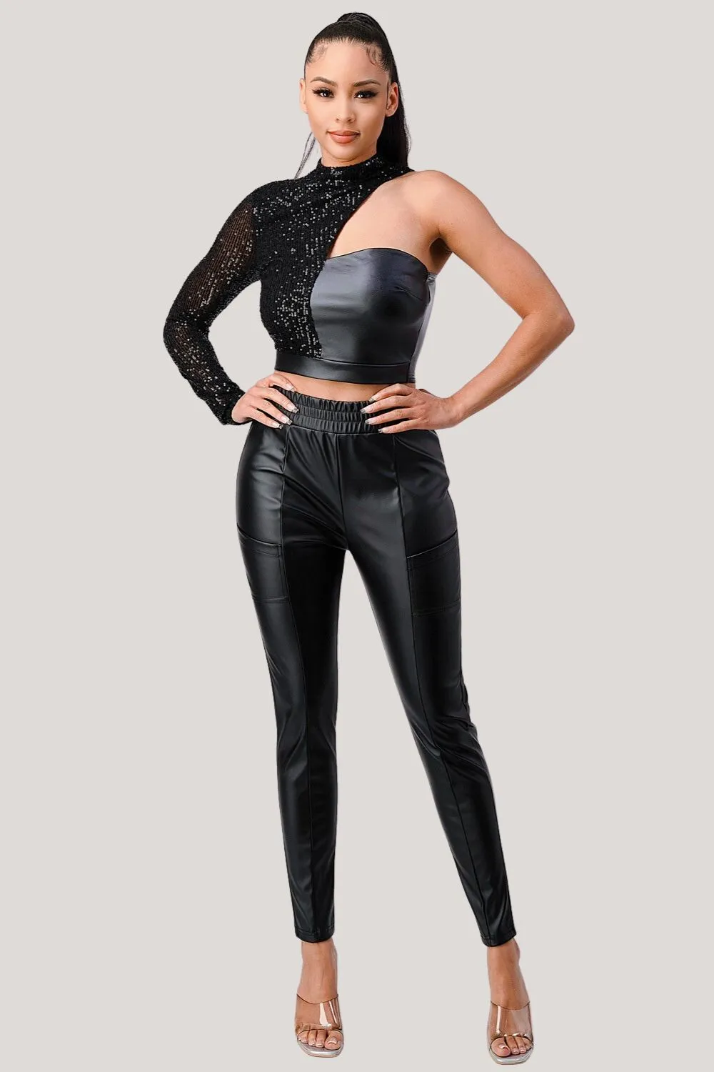 CHIC SEQUINS SLEEVE ONE SHOULDER PU CROP TOP sold by privy product image thumbnail 5