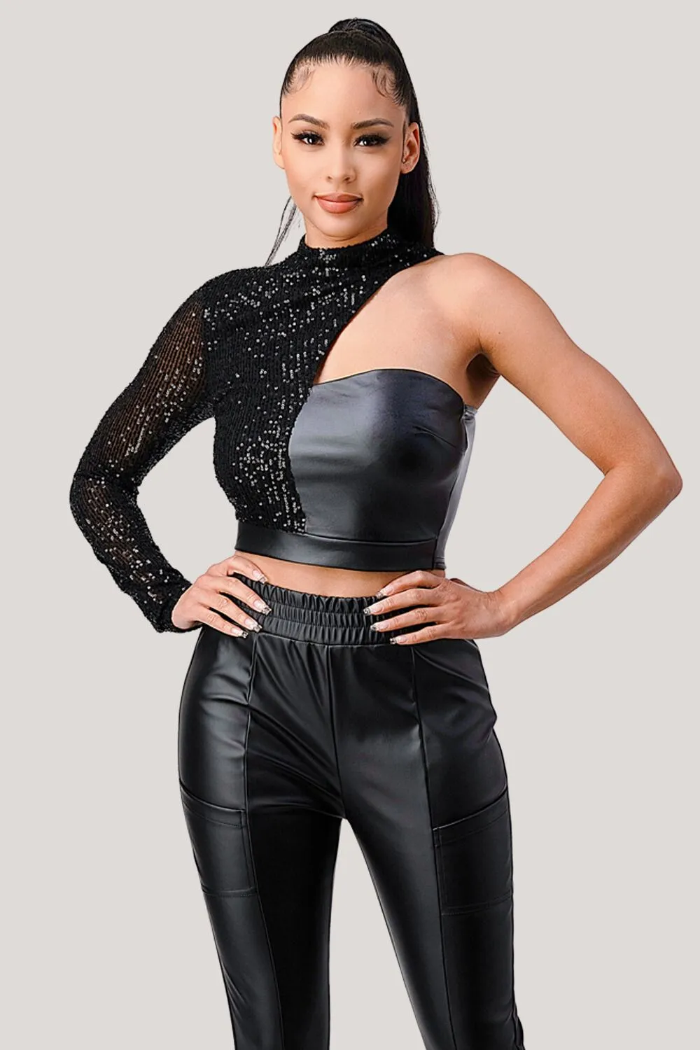 CHIC SEQUINS SLEEVE ONE SHOULDER PU CROP TOP sold by privy product image thumbnail 2