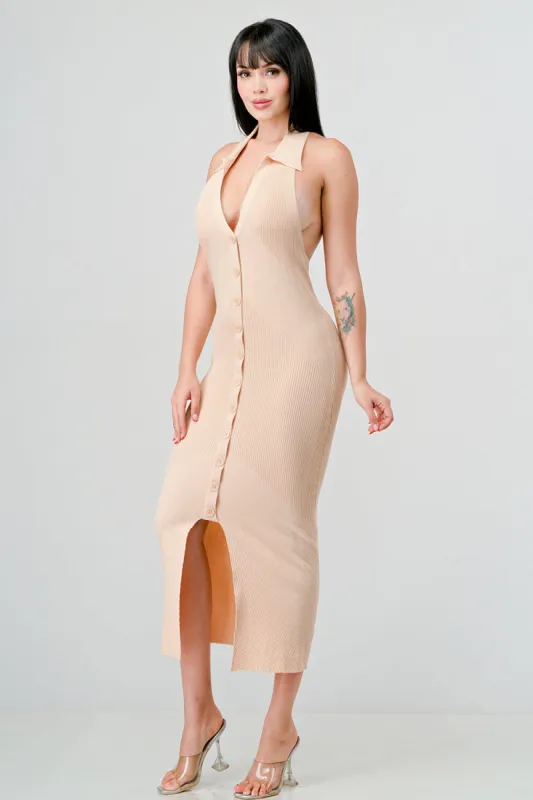 SEXY RIB KNIT BUTTON DOWN HALTER MIDI DRESS sold by privy