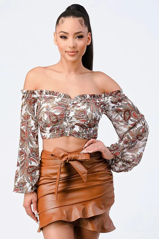 BANDANA OFF SHOULDER SMOCKED HOOKED RUFFLED TOP sold by privy