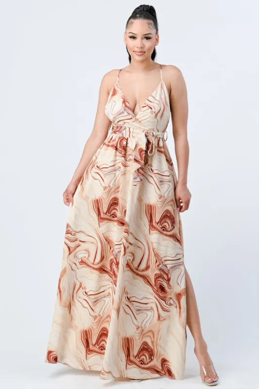 MARBLE WRAPED WASIT TIE SLITTED MAXI DRESS sold by privy